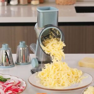 Keouke Rotary Cheese Grater, 1 Count Manual Vegetable Chopper with 3 Counts Replaceable Stainless Steel Cutting Blade, Vegetable Shredder, Multifunctional Kitchen Utensil, Summer for Gift